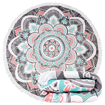 LIVILAN Round Boho Bohemian Mandala Beach Towel,Thick Microfiber Cute Circular Quick Drying Sand Free Beach Towel, Circle Towel Hippie Gifts for Women, 59 inches Madiation Tapestry with Tassels - color: Mandala Beach Towel