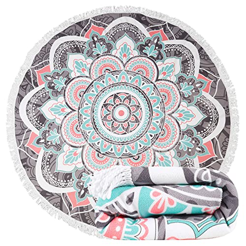 LIVILAN Round Boho Bohemian Mandala Beach Towel,Thick Microfiber Cute Circular Quick Drying Sand Free Beach Towel, Circle Towel Hippie Gifts for Women, 59 inches Madiation Tapestry with Tassels - color: Mandala Beach Towel