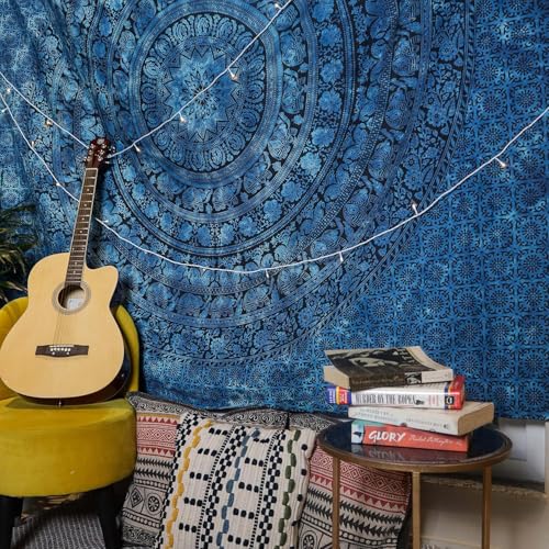 Craft Trade Indian Cotton Mandala Wall Hanging Tapestry for Aesthetic Boho Hippie Living Room, Meditation & Bedroom Décor - Blue - 90x108 Inches - color: Blue, size: 90"L x 108"W