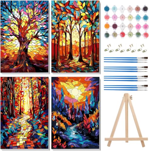 MISCER 4 Pack Framed Paint by Numbers Kit for Adults Beginners, Adult Paint by Number Kits On Canvas with Easel, Tree Sunset Easy Framed Paint by Numbers for Beginner Gift Home Wall Decor 8x12 inch