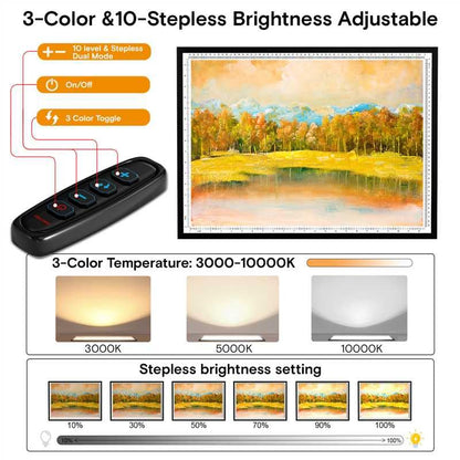 A2 Light Pad,LED Light Board for Diamond Painting,Tracing&Drawing | 9000 Lux Bright Light,10 Brightness Levels,Independent Anti-Touch Controller,Ultra Thin Design,USB-C Connection - size: A2-3color