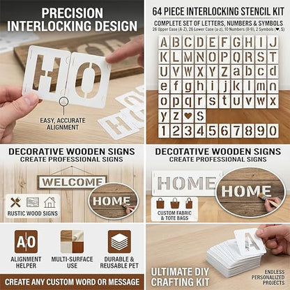 64 Pcs 2 Inch Alphabet Letter Stencils, White | Symbol Numbers Stencils, Reusable Alphabet Templates, Interlocking Stencil Kit, For Wood, Wall, Fabric, Door Porch, Signage - color: white