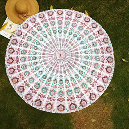 raajsee Mandala Round Beach Tapestry Hippie/Boho Beach Blanket Roundie/Indian Cotton Throw Bohemian Round Table Cloth/Yoga Mat Meditation Picnic Rugs 70 inch Circle (WHITE BROWN) - color: WHITE BROWN