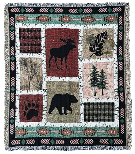 EZ. enjoy Geometric Woodland Moose Bear Tapestry Throw Blanket | 50"x60" Lodge patchwork wall hanging art,jacquard woven,soft travel mat,fringe tassels,multipurpose indoor outdoor - color: Wildlife01