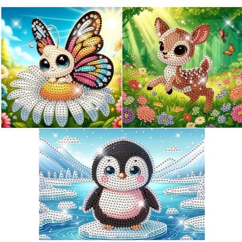 Modern Merch Small Diamond Art Packs Butterfly Deer & Penguin, Animal Diamond Dots for Adults, Jewel Art Painting Kits, Mini Gem Arts and Crafts for Adults, Round Drill 3 Pack Partial Drill - color: Butterfly Penguin Deer