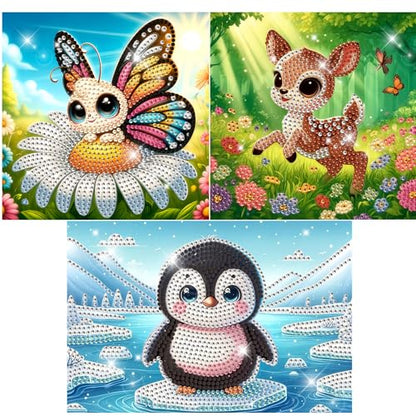 Modern Merch Small Diamond Art Packs Butterfly Deer & Penguin, Animal Diamond Dots for Adults, Jewel Art Painting Kits, Mini Gem Arts and Crafts for Adults, Round Drill 3 Pack Partial Drill - color: Butterfly Penguin Deer