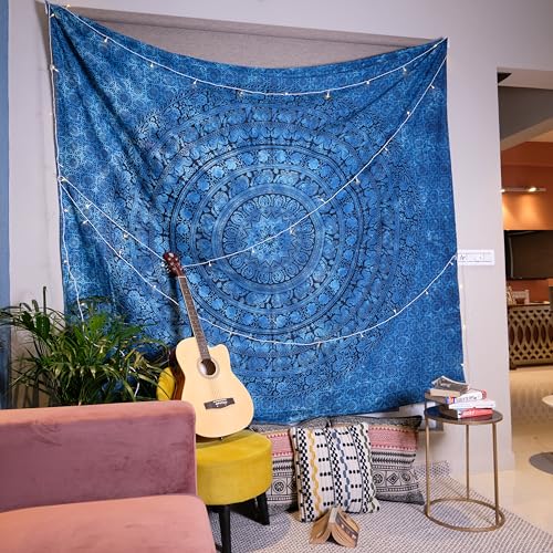 Craft Trade Indian Cotton Mandala Wall Hanging Tapestry for Aesthetic Boho Hippie Living Room, Meditation & Bedroom Décor - Blue - 84x90 Inches - color: Blue, size: 84"L x 90"W