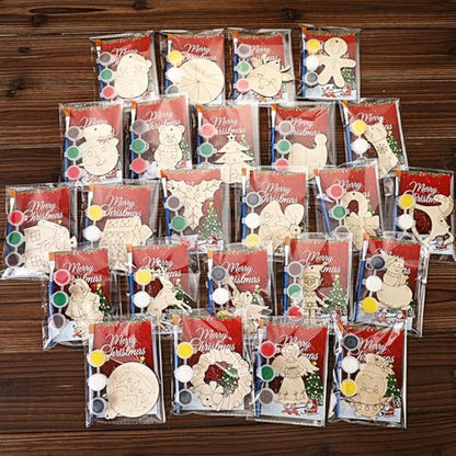 Saypacck 24 Pcs Christmas Party Favors Wooden Paint Craft Kits | DIY Painting Crafts with Brush Organza Bags, Christmas Stocking Stuffer Gifts, Festive Ornament Shapes - style: Christmas