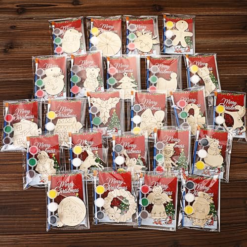 Saypacck 24 Pcs Christmas Party Favors Wooden Paint Craft Kits | DIY Painting Crafts with Brush Organza Bags, Christmas Stocking Stuffer Gifts, Festive Ornament Shapes - style: Christmas