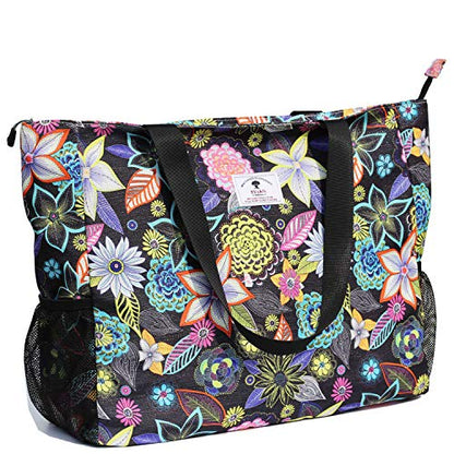 ESVAN LARGE BEACH BAG Water Resistant Lightweight 20 inch Women Oversize Tote Bag for Gym Beach Travel Pool Yoga Nurse - color: Black Embroid