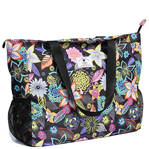 ESVAN LARGE BEACH BAG Water Resistant Lightweight 20 inch Women Oversize Tote Bag for Gym Beach Travel Pool Yoga Nurse - color: Black Embroid