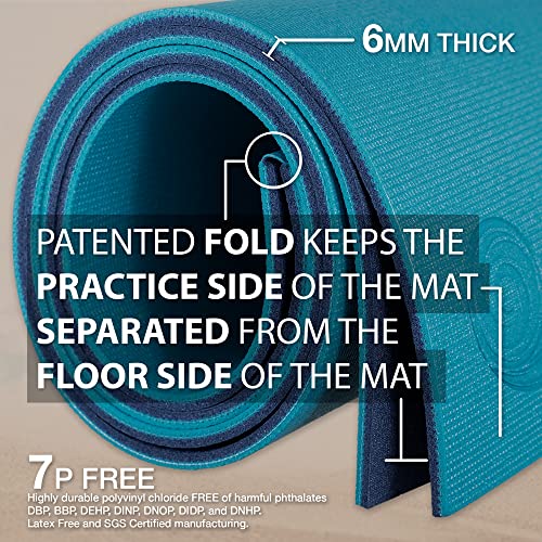 Koru Fold & Roll Yoga Mat - Patented Design, Cleaner Alternative to Traditional Yoga Mats, 6mm Thick, 7P Free, SGS Certified, 68" x 24" - color: Teal / Navy Blue