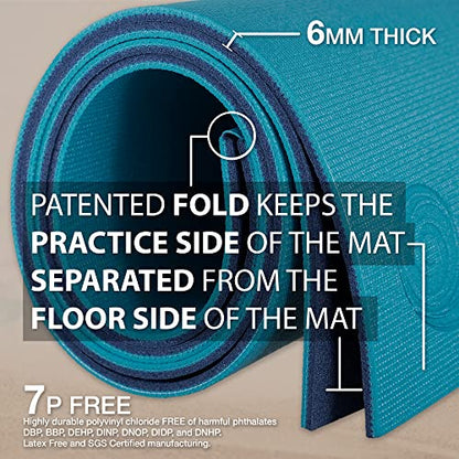 Koru Fold & Roll Yoga Mat - Patented Design, Cleaner Alternative to Traditional Yoga Mats, 6mm Thick, 7P Free, SGS Certified, 68" x 24" - color: Teal / Navy Blue