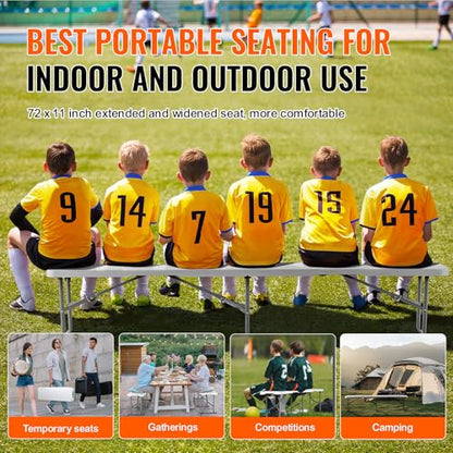 VEVOR Plastic Folding Bench, 6ft Portable Folding Bench, Smooth High Density Polyethylene Waterproof Outdoor Bench, Picnic Camping Table with Handle for Garden Soccer Playtime, White (1 Pack)