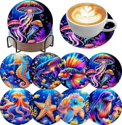 Mrnsiet 8PCS Diamond Art Coasters with Holder, DIY Ocean Animals Diamond Painting Coasters Kits for Adults, Non Slip Marine Animals Mosaic Dot Painting Coaster Gift Set for Beginners 4x4 Inch - color: BDWY330-US