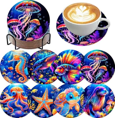 Mrnsiet 8PCS Diamond Art Coasters with Holder, DIY Ocean Animals Diamond Painting Coasters Kits for Adults, Non Slip Marine Animals Mosaic Dot Painting Coaster Gift Set for Beginners 4x4 Inch - color: BDWY330-US