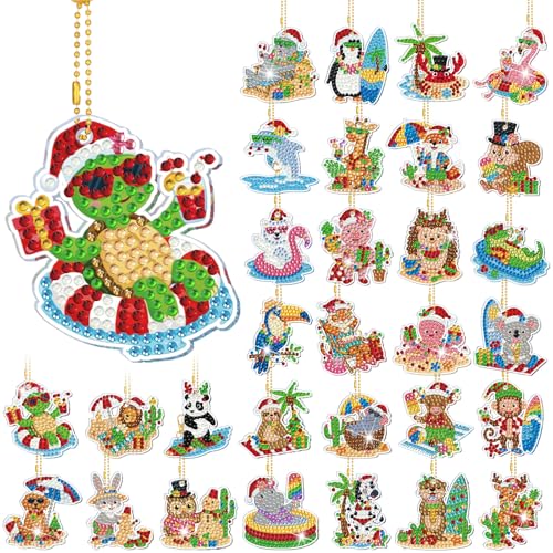 WILLBOND 30 Pcs Christmas Diamond Art Keychain Kits for Adults | Christmas Animal Diamond Painting Ornaments, Double Sided, 5d DIY Santa Christmas Hanging Key Ring for Party Decor - color: July Christmas Animal
