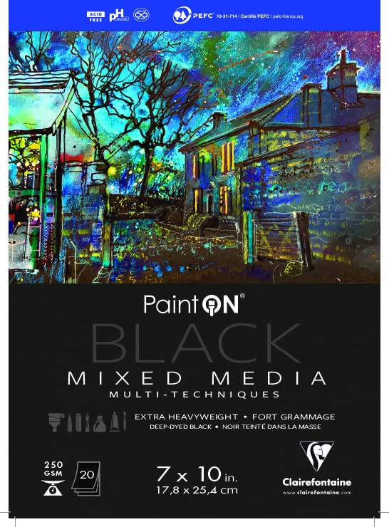 Clairefontaine - Ref 975490C - Paint'ON Mixed Media Black Glued Pad (20 Sheets) - 17.8 x 25.4cm (7 x 10in), 250gsm Heavyweight Paper, Acid Free (USA Version) - color: Black, size: 7 x 10 inches
