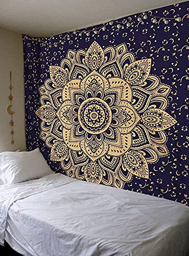 Rajsee Blue Gold Mandala Tapestry - Bedroom Aesthetic - Indie Boho Trippy Large Wall Hanging - 82x92 Inches - color: Blue and Gold, size: 92"L x 82"W