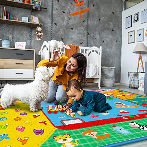 Soft Baby Play Mat for Floor,58"×44" Foldable Fabric Baby Crawling Mat Rug | Large Non-Slip Padded Educational ABC Playmat for Playing Area Tummy Time Gym Activity Mat for Infants Toddlers Boys Girls