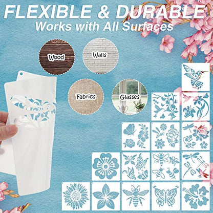 Zonon 16 Pcs Stencils for Painting, DIY Craft Templates, 5.1 x 5.1 Inch | Summer Reusable Painting Stencils for Wall Wood Canvas Crafts, Flower Butterfly Hummingbird Designs, Metal Open Rings - size: 5.1 x 5.1 Inch