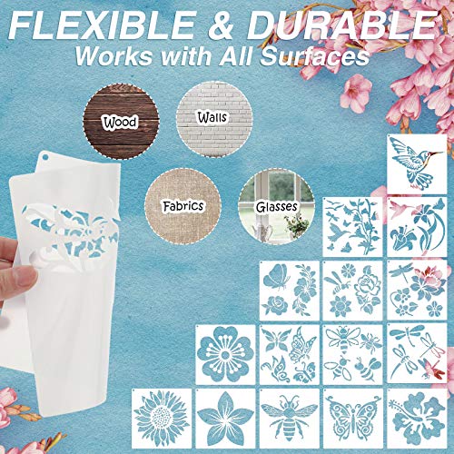 Zonon 16 Pcs Stencils for Painting, DIY Craft Templates, 6.3 X 6.3 Inch | Summer Reusable Painting Stencils for Wall Wood Canvas Crafts, Flower Butterfly Hummingbird Designs, Metal Open Rings - size: 6.3 x 6.3 Inch