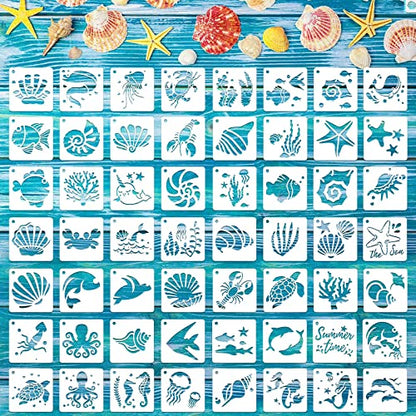 Augshy 56 Pieces Small Summer Sea Ocean Beach Stencils for Painting Crafts | Plastic, Kids Wall Floor Home Decor, Drawing Rock Painting Scrapbooking, Reusable Marine Animal Pattern Shapes, 3 Inch - style: Ocean Creatures