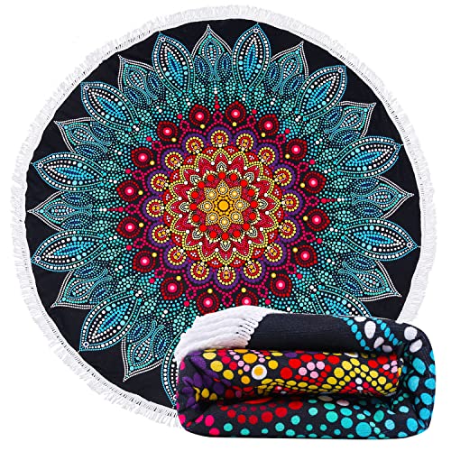 LIVILAN Round Boho Mandala Beach Towel for Women, Microfiber Soft Cute Beach Towel, Circle Beach Blanket Hippie Gifts Bohemian Decor, 59”Quick Dry Sand Free Mandala Tapestry with Tassels - color: Blackpink