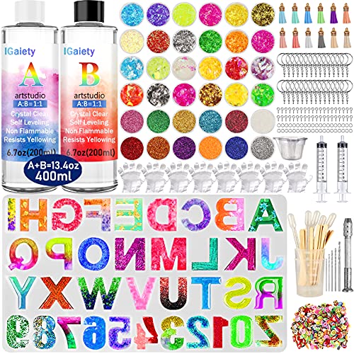 IGaiety Resin Kit for Beginners with Backward Alphabet Mold | 206 Pcs Epoxy Kit with Lette Mold, Crystal Clear, Odorless Resin,Glossy, Bubble-Free, for Custom Jewelry, Arts & Crafts - size: Alphabet 200ml