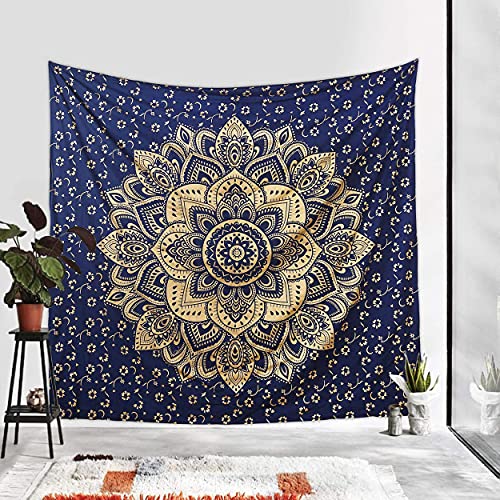 Rajsee Blue Gold Mandala Tapestry - Bedroom Aesthetic - Indie Boho Trippy Large Wall Hanging - 82x92 Inches - color: Blue and Gold, size: 92"L x 82"W