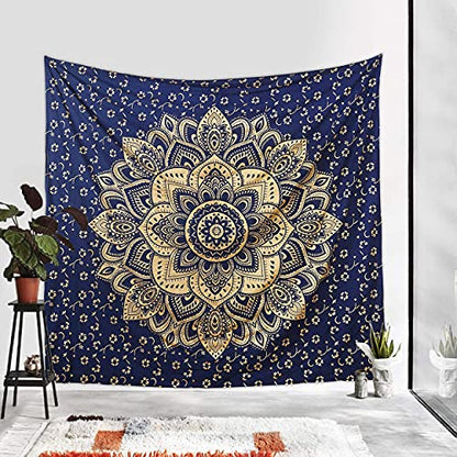 Rajsee Blue Gold Mandala Tapestry - Bedroom Aesthetic - Indie Boho Trippy Large Wall Hanging - 82x92 Inches - color: Blue and Gold, size: 92"L x 82"W