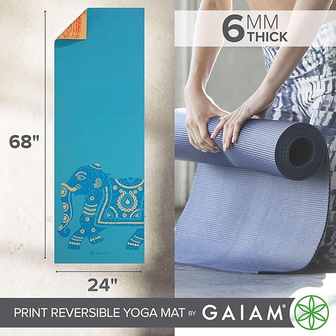 Gaiam 요가 매트 - 매우 두꺼운 프리미엄 6mm, 프린트, 양면, 미끄럼 방지, 운동 및 피트니스 매트, 모든 유형의 요가, 필라테스 및 바닥 운동용 (172.7cm/68인치) x 61cm/24인치 x 6mm 두께) - color: 코끼리