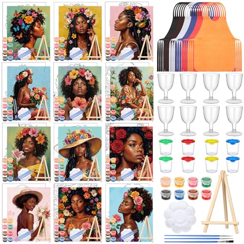 Sherr 96 Pcs 12 Sets Pre Drawn Canvas Kit for Painting Craft Sip and Paint Kit for Adults Pre Printed Canvas Painting Favor for DIY Birthday Gifts Adult's Date Party, 8 x 10 Inch(Flower Lady) - style: Flower Lady
