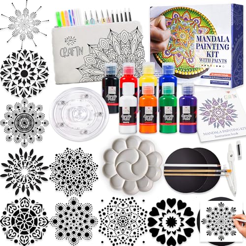 Complete Beginner's Mandala Painting 46 Piece Kit with Acrylic Paints, Reusable Stencils and Dotting Tools. Fun Rock Art & DIY Craft Project. Starter Activity Pack and Gift for Teens, and Adults