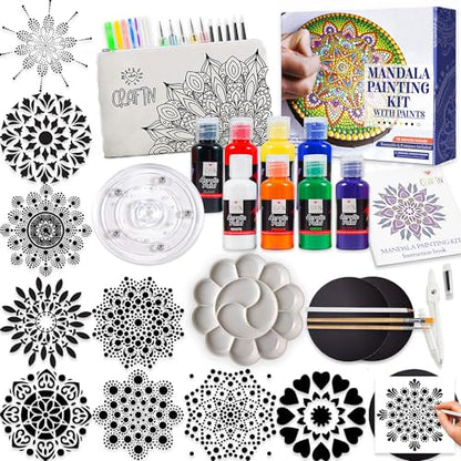 Complete Beginner's Mandala Painting 46 Piece Kit with Acrylic Paints, Reusable Stencils and Dotting Tools. Fun Rock Art & DIY Craft Project. Starter Activity Pack and Gift for Teens, and Adults