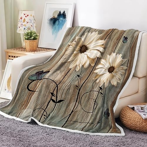 Rustic Floral Throw Blankets, Elegant Daisy Flower Butterflies Cozy Warm Bed Couch Blanket, Farmhouse Barn Wood Vintage Fabric White Fleece Flannel Throws to Decorate the Room and Bedroom - color: Floral, size: 60X80