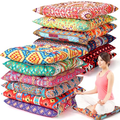 Nuogo 12 Pcs Bohemian Floor Cushions Bulk 15 Inch Boho Floor Sitting Meditation Pillows Yoga Mandala Meditation Pouf for Living Room Balcony Office Tatami(Square) - color: Square