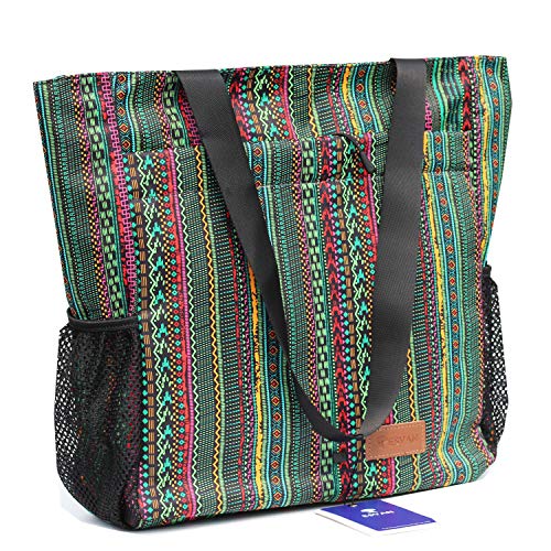 ESVAN Original Floral Tote Bag Large Shoulder Bag with Multi Pockets for Gym Travel Beach Daily Bags - color: Green