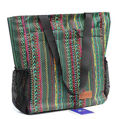 ESVAN Original Floral Tote Bag Large Shoulder Bag with Multi Pockets for Gym Travel Beach Daily Bags - color: Green