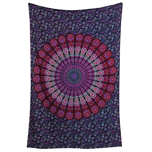 RAJRANG Indian Mandala Tapestry - Hippie Peacock Feather Wall Hanging Bohemian Bedspread 100% Cotton Dorm Decor Beach Blanket - Purple Pink - 84 X 54 Inches - color: Purple Pink, size: 84"L x 54"W