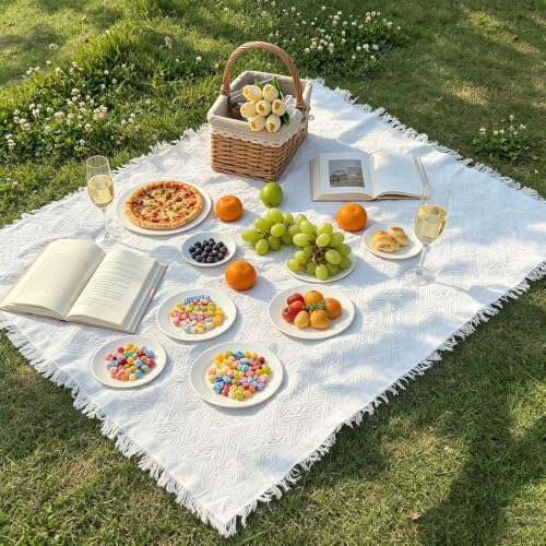 Boho Cotton Picnic Blanket, White 90×97 Inch Woven Outdoor Grass Mat | Machine Washable for Effortless Cleanup. Lightweight Foldable Design, Spacious Enough for Group Outdoor and Indoor Activities - color: White, size: 8'1" x 7'6"