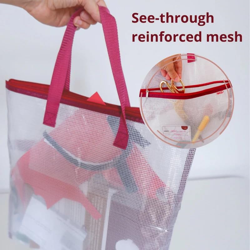 Madam Sew Project Bag - Craft Bag Organizer Tote with Handles, Two Pockets, See-Through Mesh, and Card Slot – Perfect for Quilting, Knitting, Stitching and Embroidery Projects Storage - 16”x16” - color: Light Pink