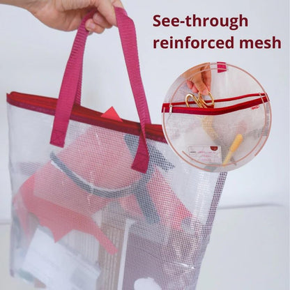 Madam Sew Project Bag - Craft Bag Organizer Tote with Handles, Two Pockets, See-Through Mesh, and Card Slot – Perfect for Quilting, Knitting, Stitching and Embroidery Projects Storage - 16”x16” - color: Light Pink