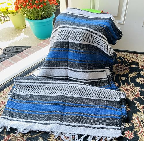 Mexican Falsa Blanket Serepe Throw Authentic Handwoven Saddle Multi-Use for Yoga, Beach, Camping and Picnics - Durable Outdoor Indoor. 60% Cotton. - color: Blue