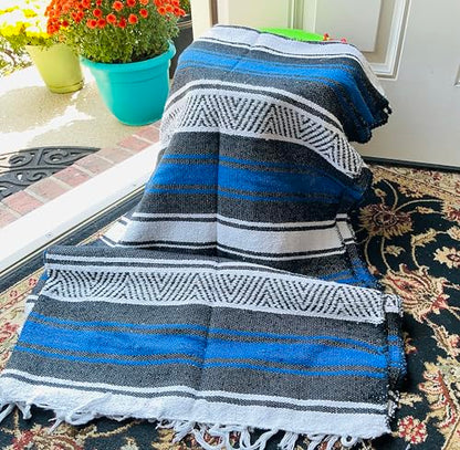 Mexican Falsa Blanket Serepe Throw Authentic Handwoven Saddle Multi-Use for Yoga, Beach, Camping and Picnics - Durable Outdoor Indoor. 60% Cotton. - color: Blue