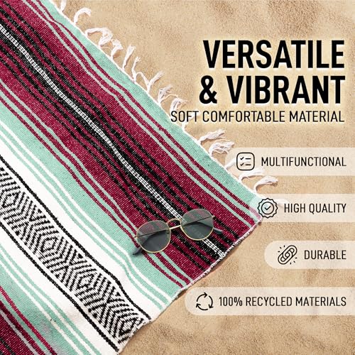 Hydration Nation Authentic Large Handwoven Mexican Blanket - Soft Yoga- Durable Serape- Lightweight Falsa, Beach, Camping, Picnic, Outdoor Blanket 70"x50" - Miami Vice - color: Miami Vice