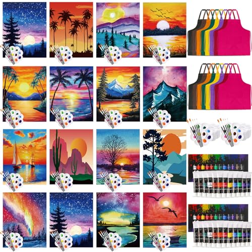 Cholemy 114 Pcs 16 Set Sip and Paint Kit for Adults 8'' x 10'' Pre Drawn Canvas Acrylic Painting Set Apron Brush Palette Date Night Party Supplies