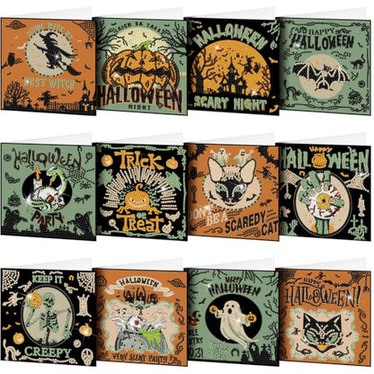 Saillong 12 Pack Halloween Diamond Painting Greeting Card Kits DIY Halloween Diamond Art Cards with Envelopes Green Black Cat Skull 5D Rhinestones Painting Kit for Adults DIY Craft Family Friend Gifts - color: Retro Halloween