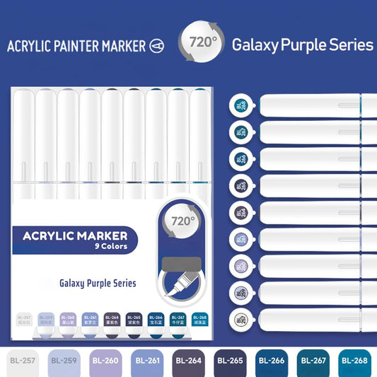 Water Based Acrylic Paint Markers, 9 Colors Paint Pen Set | Calaxy Purple Series, Soft Brush Tip, Smooth Writing, Marker Pen for Rock Painting, Egg, Wood, Glass, Mugs, Black Paper - color: Calaxy Purple
