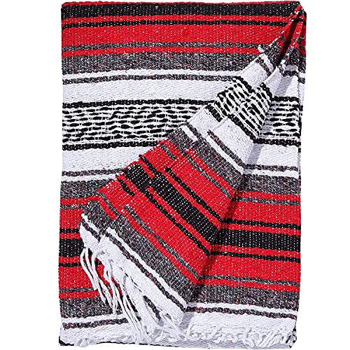 Authentic Mexican Red-Grey Blanket -Yoga Matt - Falsa - Serape - Camping, Picnic, Beach Blanket, Bedding, Car Blanket, Saddle Blanket, Soft Woven Home Decor (Red-Grey Color)